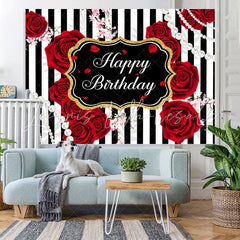 Lofaris Black And white Line With Red Rose Birthday Backdrop