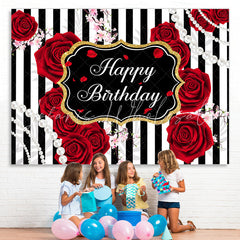 Lofaris Black And white Line With Red Rose Birthday Backdrop