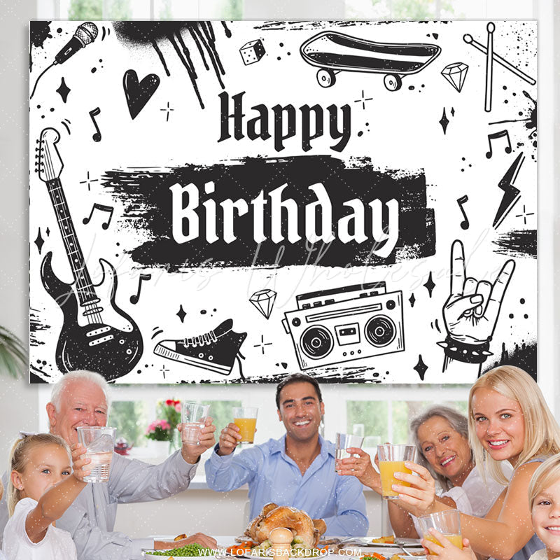 Lofaris Black And White Rock Music Birthday Backdrop For Boy