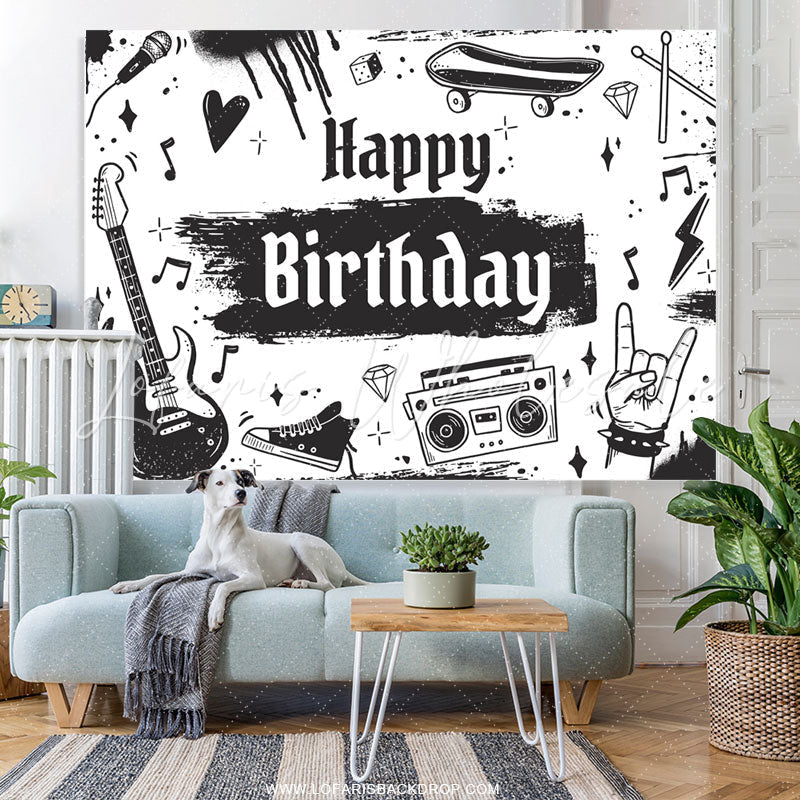 Lofaris Black And White Rock Music Birthday Backdrop For Boy