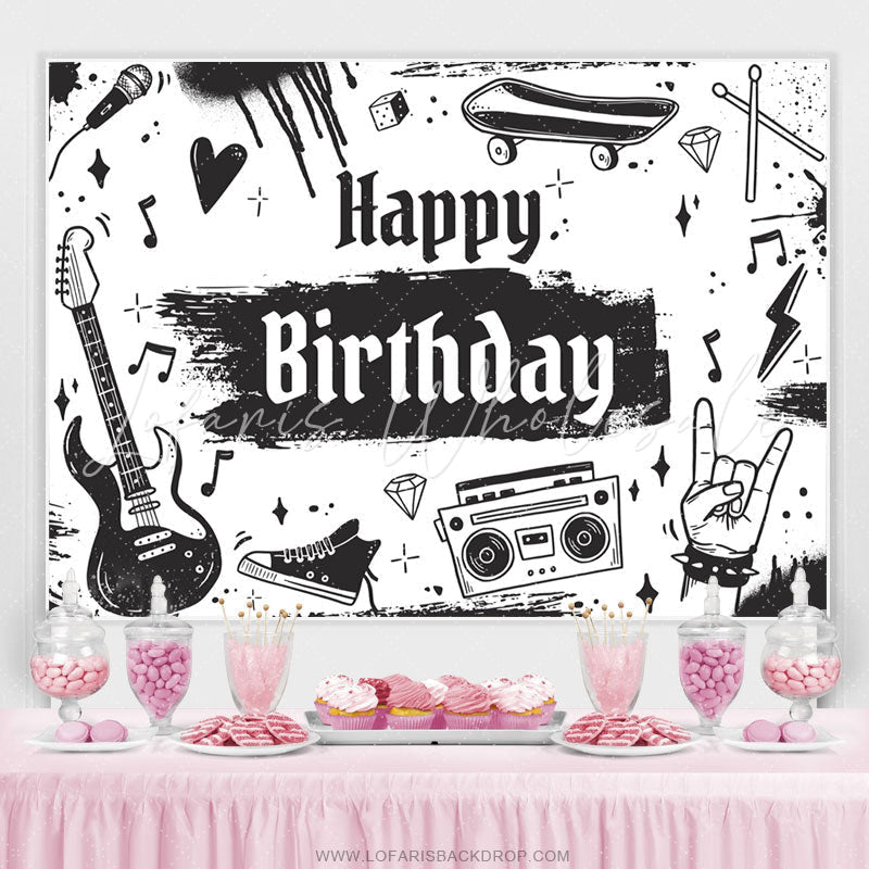 Lofaris Black And White Rock Music Birthday Backdrop For Boy