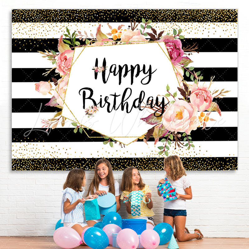Lofaris Black-And-White Stripe And Floral Birthday Backdrop