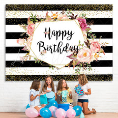 Lofaris Black-And-White Stripe And Floral Birthday Backdrop