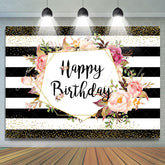 Lofaris Black-And-White Stripe And Floral Birthday Backdrop
