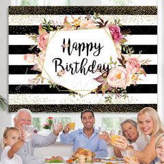 Lofaris Black-And-White Stripe And Floral Birthday Backdrop