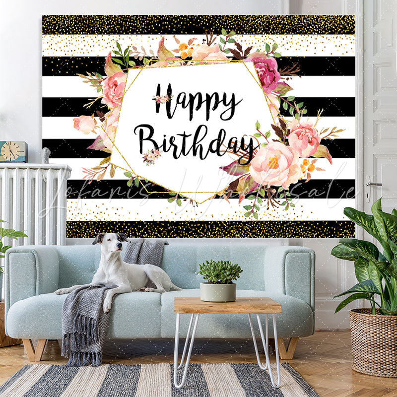 Lofaris Black-And-White Stripe And Floral Birthday Backdrop