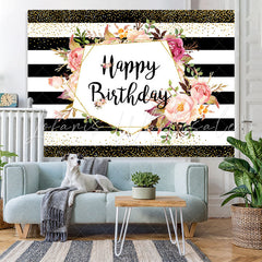 Lofaris Black-And-White Stripe And Floral Birthday Backdrop