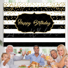 Lofaris Black and White Stripe Glitter Happy Birthday Backdrop