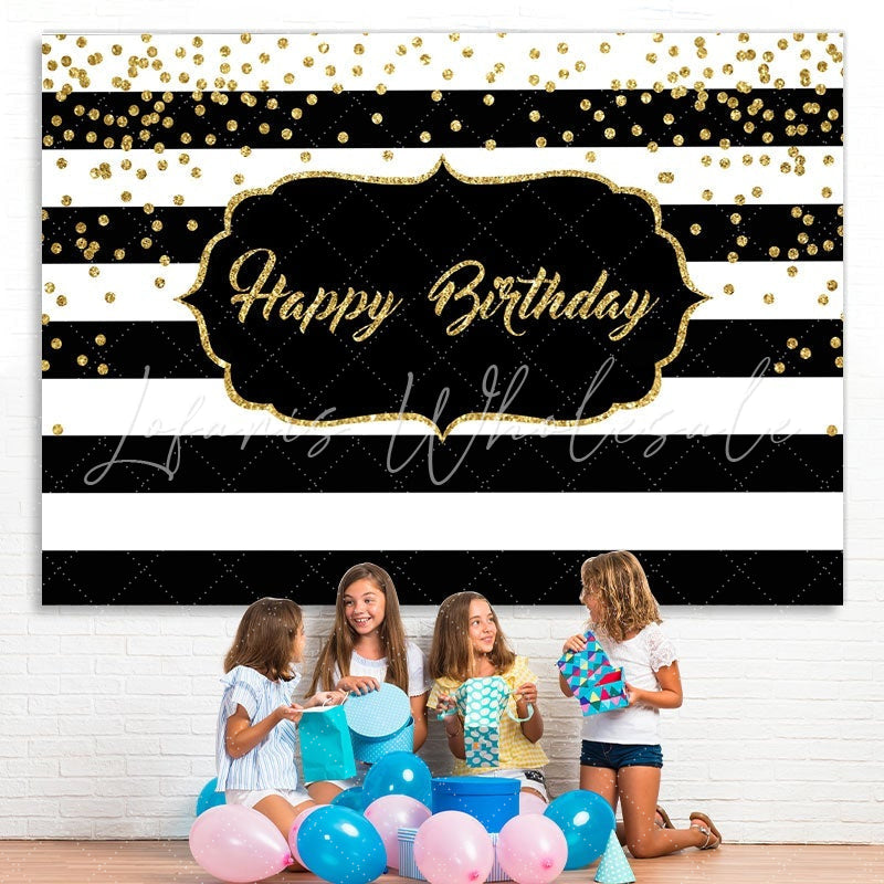 Lofaris Black and White Stripe Glitter Happy Birthday Backdrop
