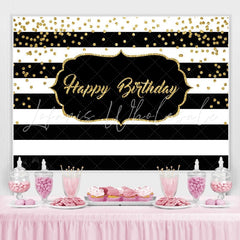Lofaris Black and White Stripe Glitter Happy Birthday Backdrop