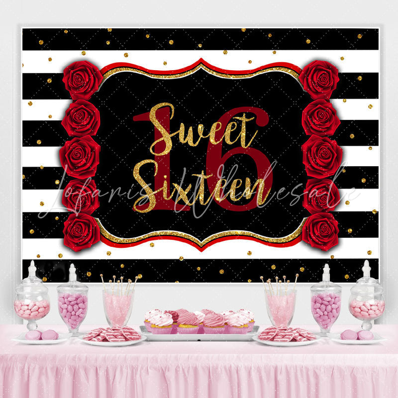 Lofaris Black-And-White Stripe Sweet 16Th Birthday Backdrop