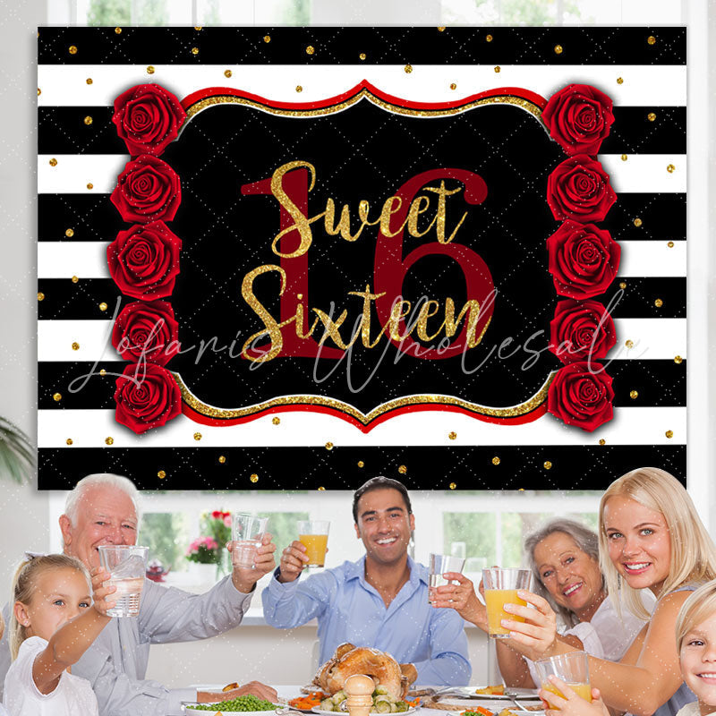 Lofaris Black-And-White Stripe Sweet 16Th Birthday Backdrop