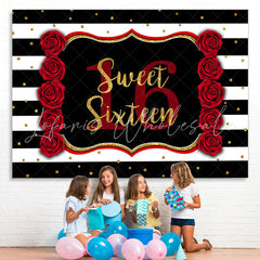 Lofaris Black-And-White Stripe Sweet 16Th Birthday Backdrop