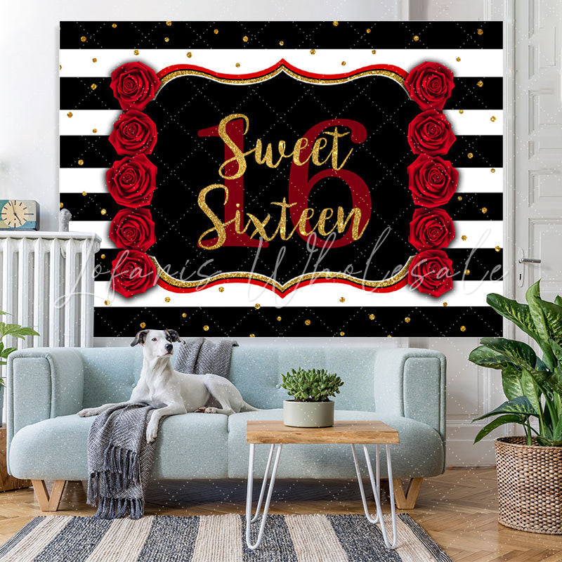 Lofaris Black-And-White Stripe Sweet 16Th Birthday Backdrop