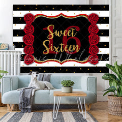 Lofaris Black-And-White Stripe Sweet 16Th Birthday Backdrop