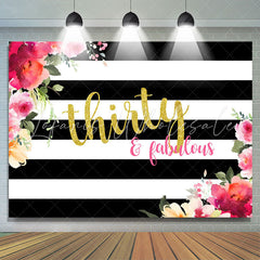 Lofaris Black and White Stripes Floral 30th Birthday Backdrop