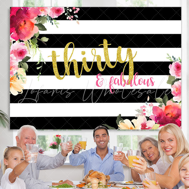 Lofaris Black and White Stripes Floral 30th Birthday Backdrop