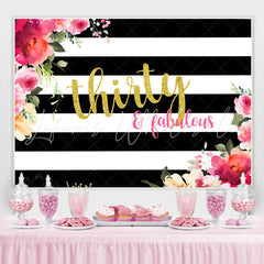 Lofaris Black and White Stripes Floral 30th Birthday Backdrop