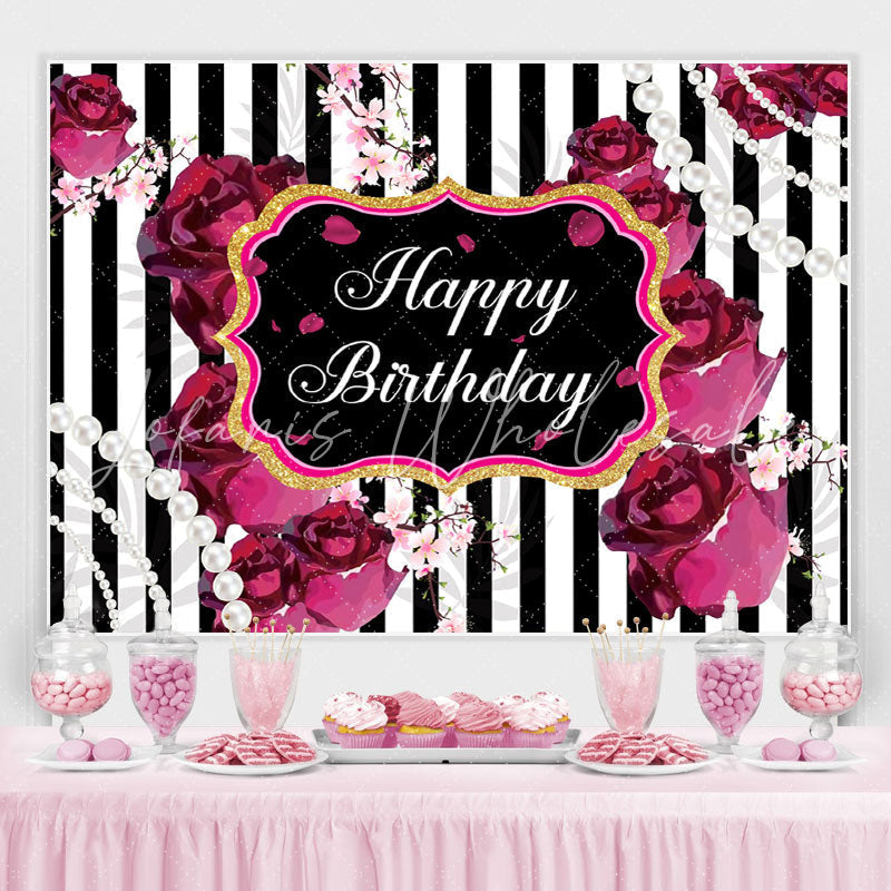 Lofaris Black and White Stripes Roses Happy Birthday Backdrop