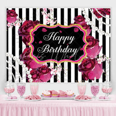 Lofaris Black and White Stripes Roses Happy Birthday Backdrop