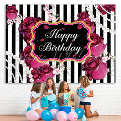 Lofaris Black and White Stripes Roses Happy Birthday Backdrop