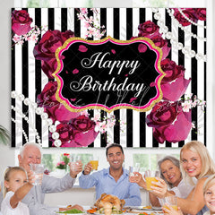 Lofaris Black and White Stripes Roses Happy Birthday Backdrop