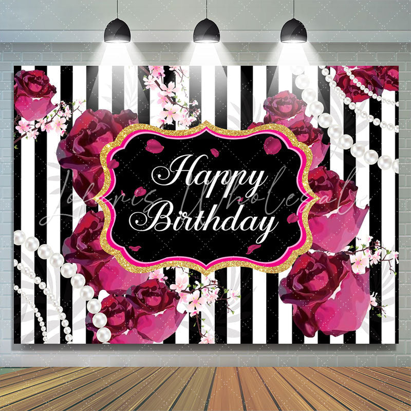 Lofaris Black and White Stripes Roses Happy Birthday Backdrop