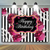 Lofaris Black and White Stripes Roses Happy Birthday Backdrop