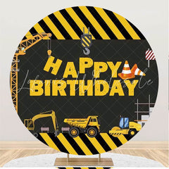 Lofaris Black And Yellow Crane Truck Birthday Round Backdrop