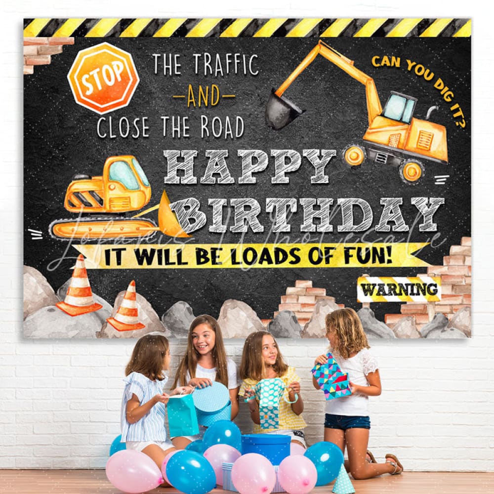 Lofaris Black And Yellow Traffic Theme Happy Birthday Backdrop