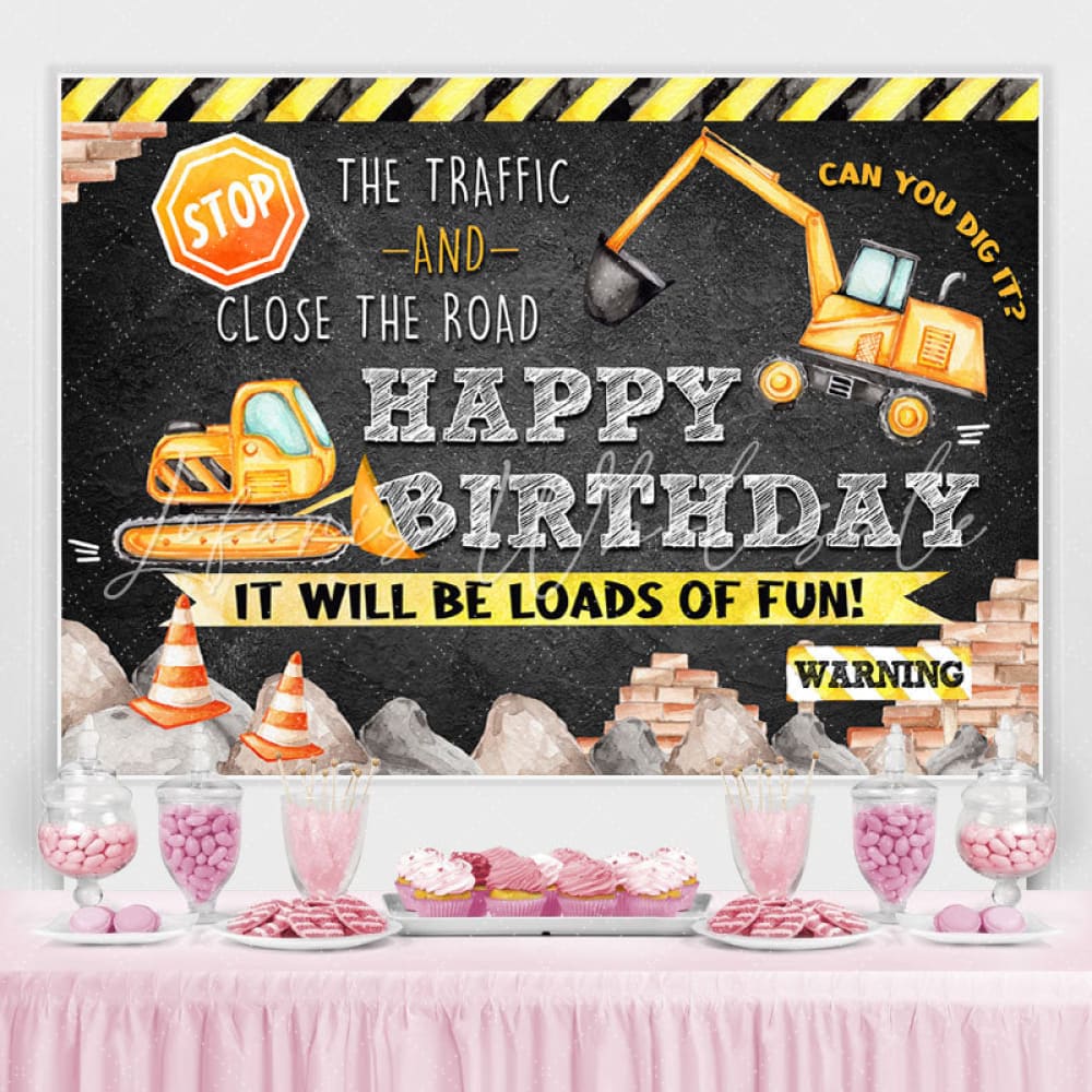 Lofaris Black And Yellow Traffic Theme Happy Birthday Backdrop