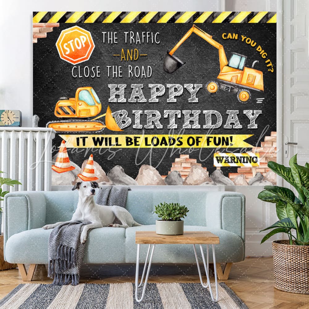 Lofaris Black And Yellow Traffic Theme Happy Birthday Backdrop