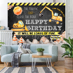 Lofaris Black And Yellow Traffic Theme Happy Birthday Backdrop