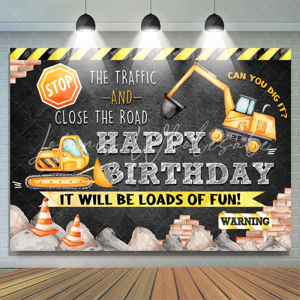 Lofaris Black And Yellow Traffic Theme Happy Birthday Backdrop