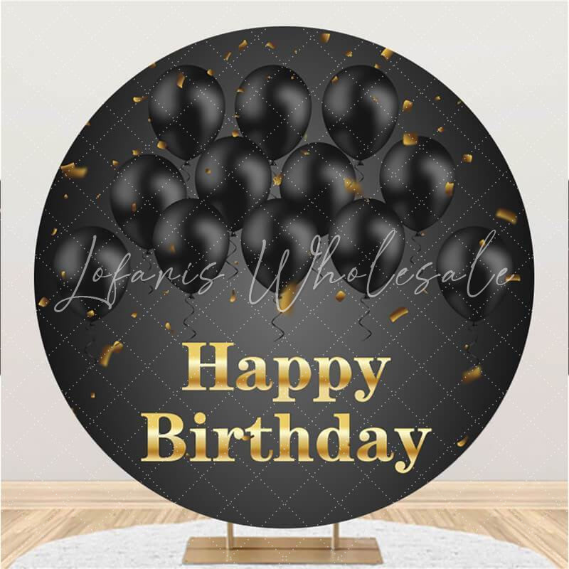 Lofaris Black Balloons Gold Round Happy Birthday Backdrop