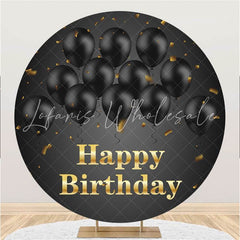 Lofaris Black Balloons Gold Round Happy Birthday Backdrop