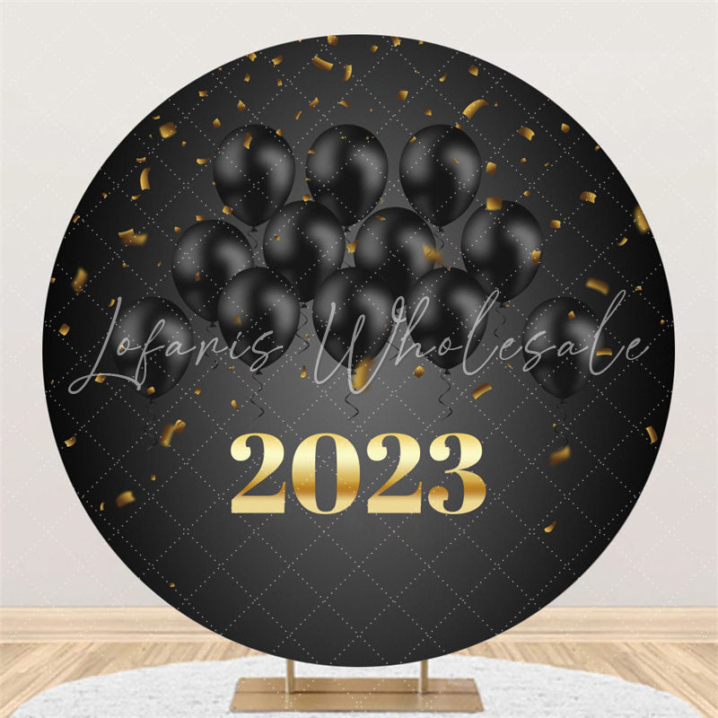 Lofaris Black Balloons Round Gold 2023 Happy New Year Backdrop