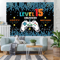Lofaris Black Blue Level 15 Unlocked Happy Birthday Backdrop