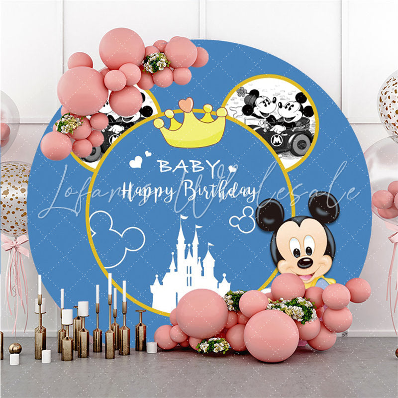 Lofaris Black Cartoon Mouse Blue Boys Circle Birthday Backdrop