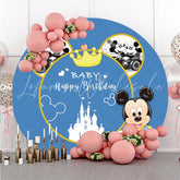 Lofaris Black Cartoon Mouse Blue Boys Circle Birthday Backdrop