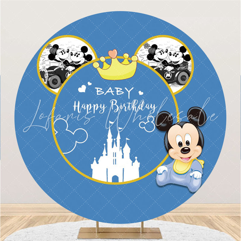 Lofaris Black Cartoon Mouse Blue Boys Circle Birthday Backdrop