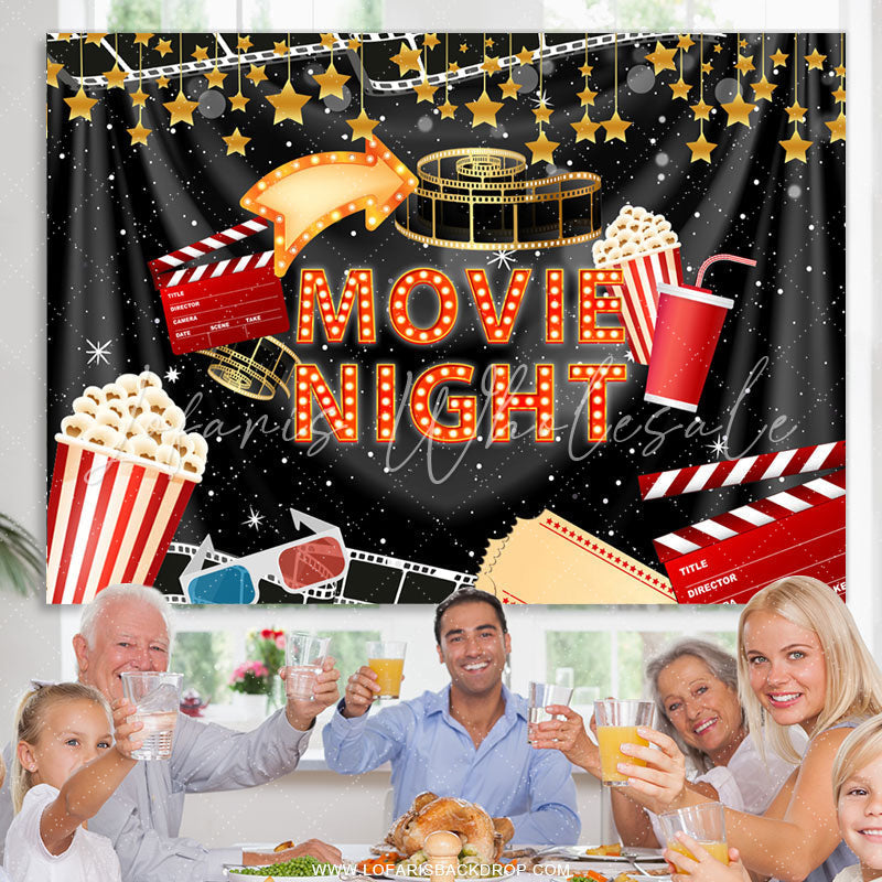 Lofaris Black Curtain And Gold Star Movie Night Party Backdrop