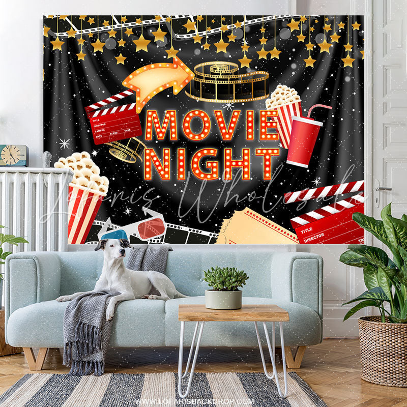 Lofaris Black Curtain And Gold Star Movie Night Party Backdrop