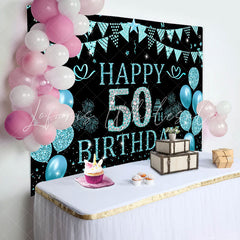 Lofaris Black Cyan Balloons Glitter 50th Birthday Backdrop