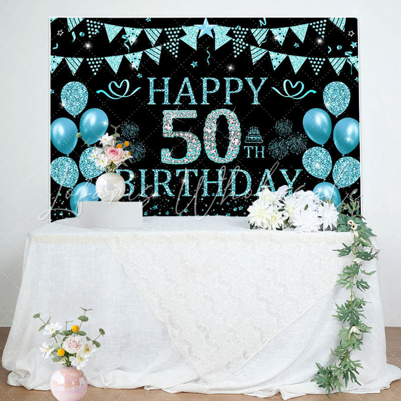 Lofaris Black Cyan Balloons Glitter 50th Birthday Backdrop