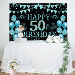 Lofaris Black Cyan Balloons Glitter 50th Birthday Backdrop