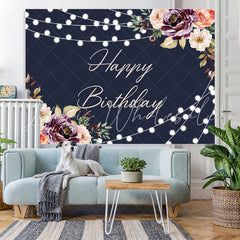 Lofaris Black Floral And Glitter Lights Happy Birthday Backdrop
