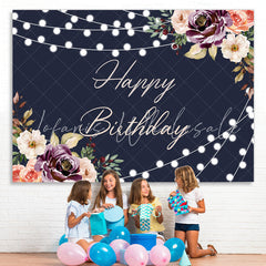 Lofaris Black Floral And Glitter Lights Happy Birthday Backdrop