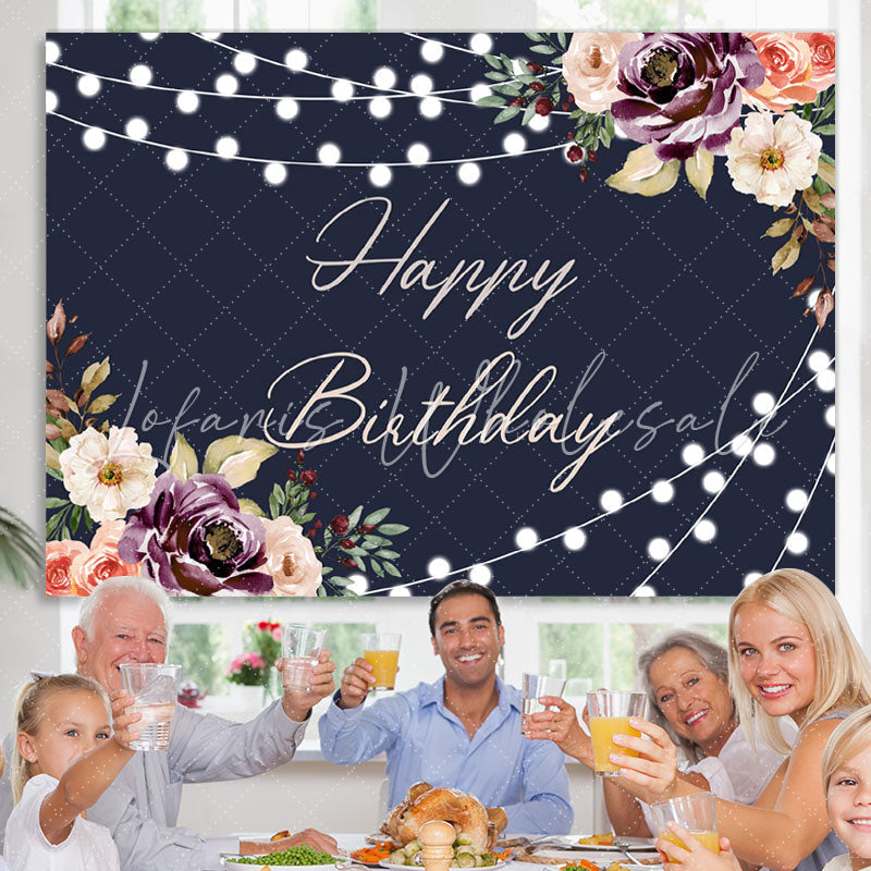 Lofaris Black Floral And Glitter Lights Happy Birthday Backdrop