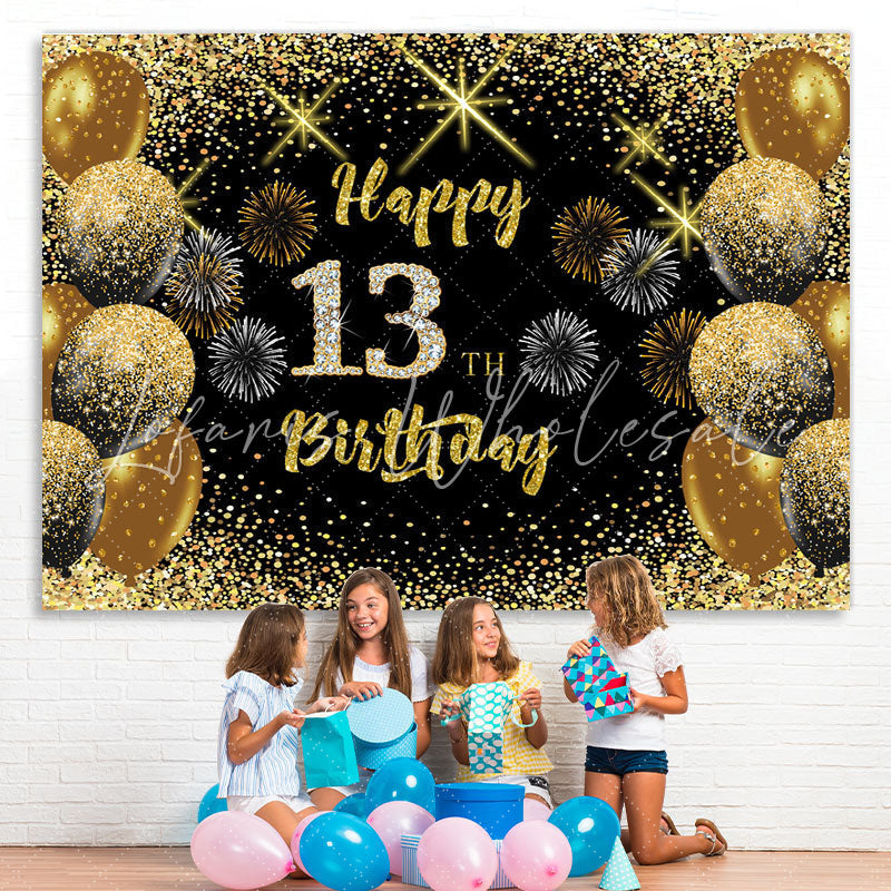 Lofaris Black Gold Balloon Glitter Happy 13Th Birthday Backdrop